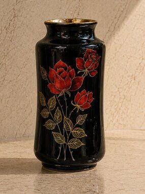 Vintage Black Porcelain Red Roses Hand Painted Ceramic Vase Made In Japan